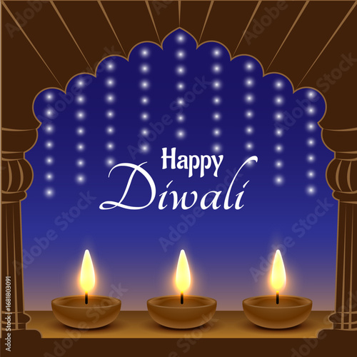 Happy Diwali, the Indian festival, the Festival of Lights, light, darkness, good and evil, diya lamps, candles, fireworks, October 20, windows, candles, garlands, Dhanteras, vector, illustration