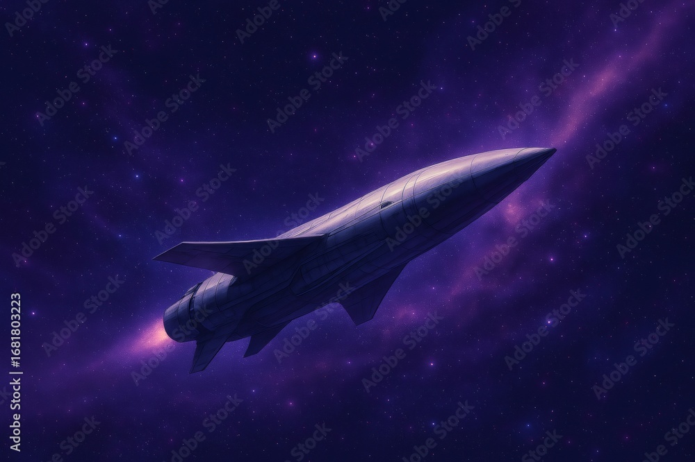 Obraz premium Hypersonic rocket flying through deep space on purple nebula background