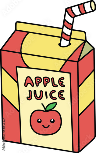 Vector art of a cute cartoon apple juice box with a red and yellow design and a striped straw, isolated on a