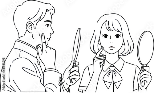Acne skin problem skincare teen face mirror young girl boy illustration