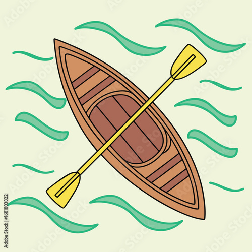 Vector art of top view of a wooden canoe with a paddle floating on green wavy water, simple illustration