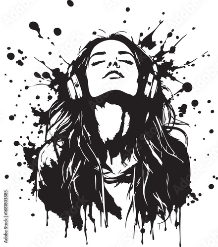 Young Woman with Headphones and Splash Art
