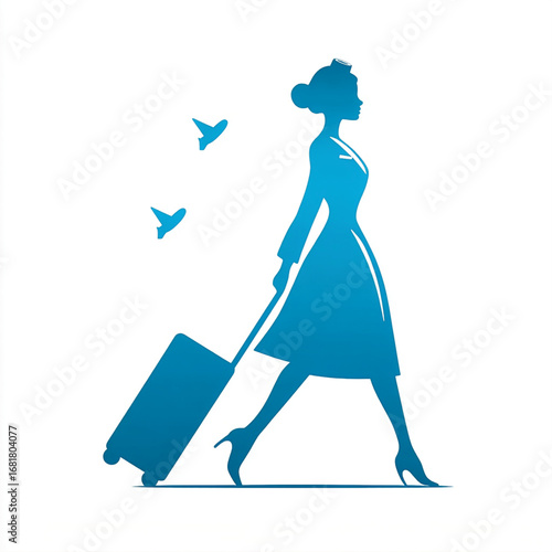 Minimalist blue silhouette of a stewardess walking with a suitcase, airplanes flying in background. Vector illustration