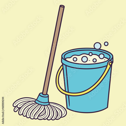 Vector art of a cartoon illustration of a cleaning mop and a bucket filled with soapy water, symbolizing household chores and hygiene