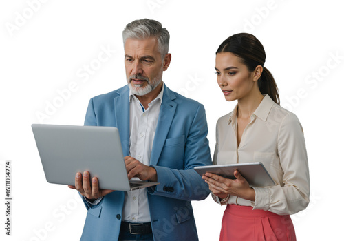 Experienced male manager mentoring a female colleague while discussing a project on a laptop in a modern office