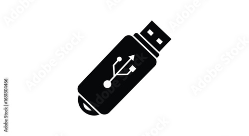 Black usb flash drive with usb symbol on a white background silhouette