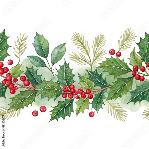 Watercolor Holly Berry and Pine Border Seamless Christmas Pattern, Illustration, Festive Design, Holiday Decor Christmas, Watercolor