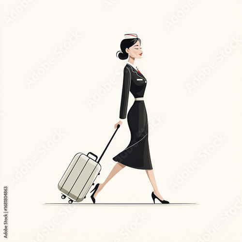 Elegant illustration of a flight attendant in uniform confidently walking with a rolling suitcase. Vector illustration