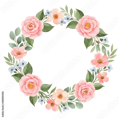 Watercolor floral wreath with pink camellias and blue flowers. A charming spring garden frame for romantic invitations. Isolated botanical design for greeting cards and wedding stationery.