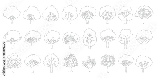CAD Tree Line Minimal Style Set – Vector Outline Graphics of Trees for Architecture and Landscape Design Drawings, Perfect for Professional and Technical Illustrations.