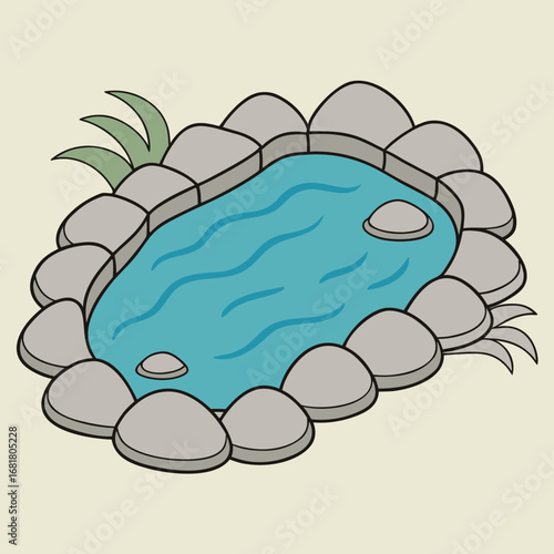 Vector art of a charming cartoon illustration of a small, naturallooking pond surrounded by smooth grey stones and a few green plants