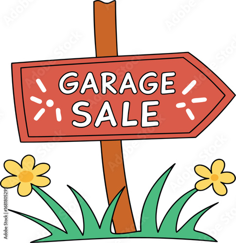 Vector art of red garage sale sign with arrow pointing right, decorated with white sparkles and flowers