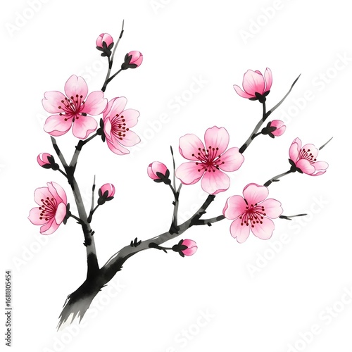 A delicate pink cherry blossom branch illustration. A Japanese spring and traditional Asian beauty concept. Isolated sakura painting for wedding invitations and wall art.