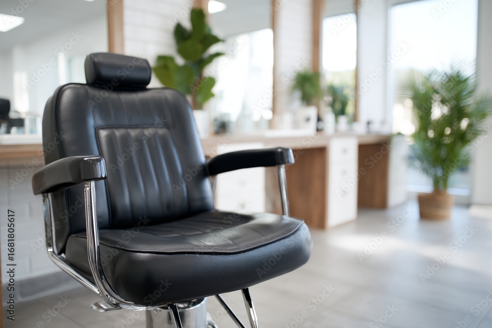 Fototapeta premium Black chair with a headrest is in a salon
