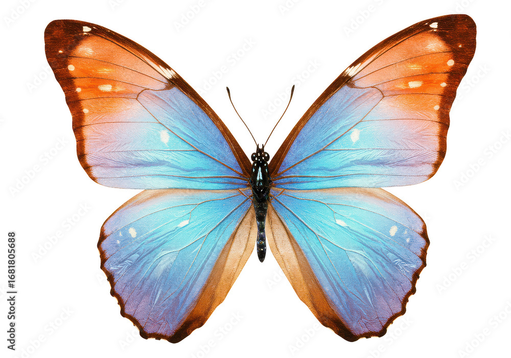 Obraz premium Isolated butterfly with blue and orange wings symmetrically displayed on a plain background on transparent background