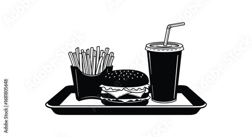 A tray with a hamburger a drink and a container of toothpicks silhouette