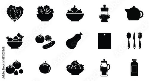 Black silhouettes of various food and kitchen items on white background