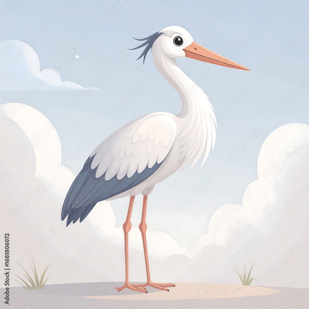 Obraz premium A lovely illustration of a stork, presented against a soft pastel sky with fluffy clouds, showcasing gentle colors and a serene mood.