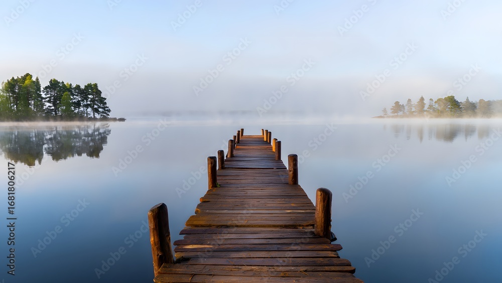 Fototapeta premium Peaceful wooden pier leading to calm lake horizon