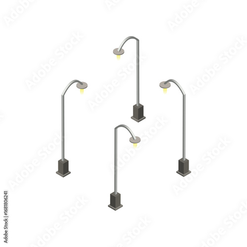 Isometric view of four street lamps with curved arms and glowing lights on a white background