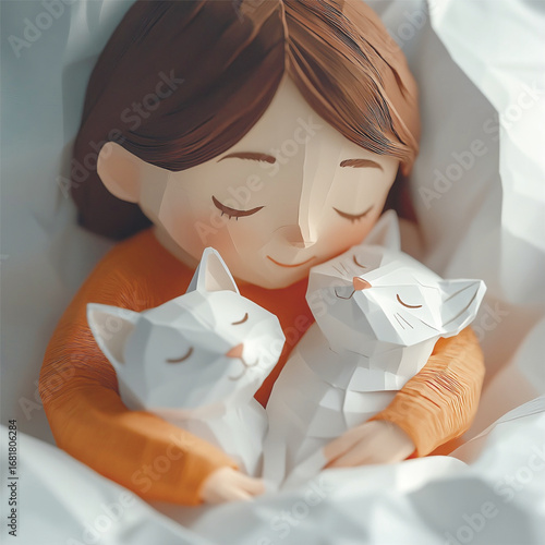 Whimsical paper art illustration of a girl hugging two white cats, warm and cozy atmosphere. Vector illustration