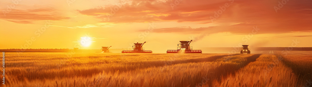 Fototapeta premium Group of harvesters harvesting ripe wheat field in autumn with sunset. Concept of agriculture, agronomy and crop collection.