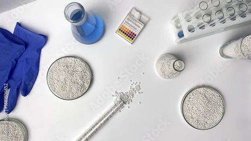 Top view of a petri dish for chemical experiments with white thermoplastic granules against table background. Laboratory of the plastics plant. Glass flasks with white thermoplastic granules.