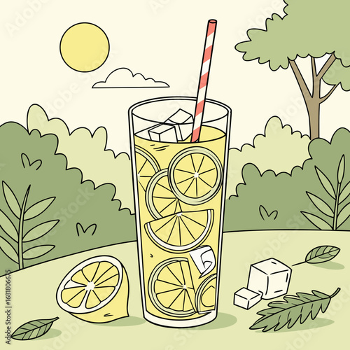 Lemonade with Ice and Mint on Sunny Patio