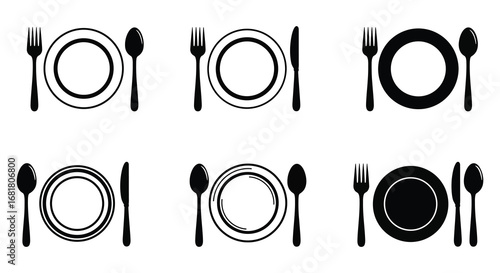 Collection of black and white plate utensil icons in various styles and designs silhouette