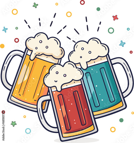 Vector art of three beer mugs with frothy foam, amber, red, and blue, surrounded by stars and bubbles, perfect for celebrating oktoberfest or st patricks day
