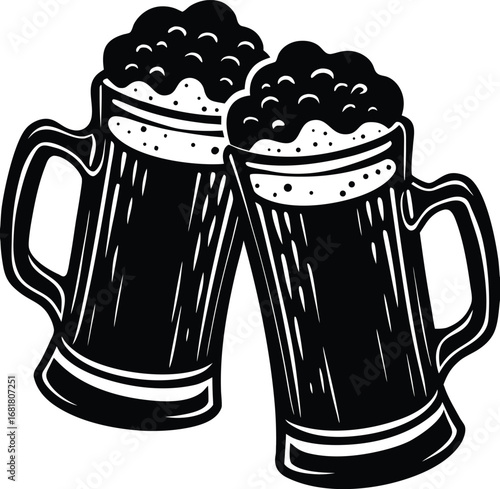 Vector art of two beer mugs clinking together in a celebratory toast, , symbolizing friendship, camaraderie, and the joy of sharing a drink in a social gathering or festive event