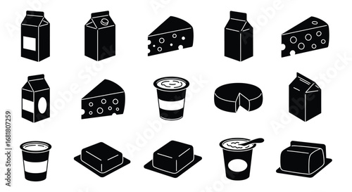 Collection of various milk and dairy product packaging illustrations silhouette