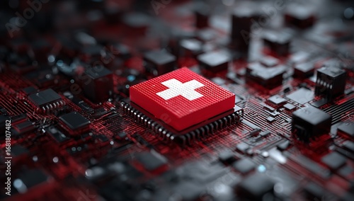 Swiss Flag with White Cross on Red Square Over Digital Circuit Background – Illustration Representing Technology, Data Security, and Cyber Protection in Switzerland
