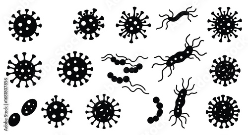 Various types of bacteria and viruses in simple black and white illustrations silhouette