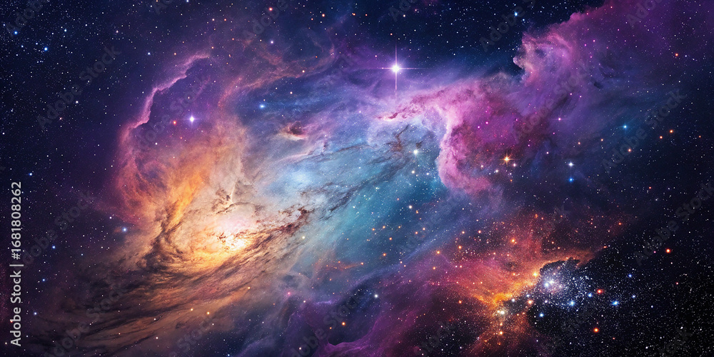 Obraz premium Spectacular Nebula and Starfield Illustration Captivating Cosmic Scene of Interstellar Clouds and Sparkling Stars in Deep Space Astronomy Photography