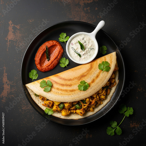 Authentic Masala Dosa with Red and White Chutney on a Plate  on a Wooden Table 