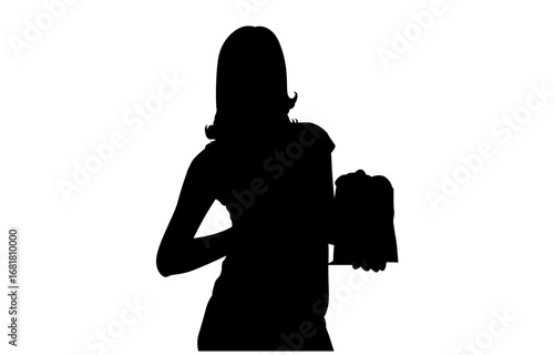 A dynamic silhouette of a woman holding cleaning cloths or towels, set against a plain white background.