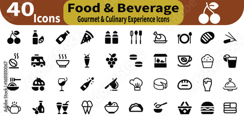 Food and Beverage Icon Set Featuring a Diverse Range of Culinary Delights