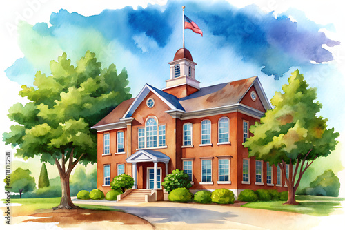 Watercolor painting of a classic american school building with an american flag on top, surrounded by trees and a blue sky with white clouds isolated on transparent background