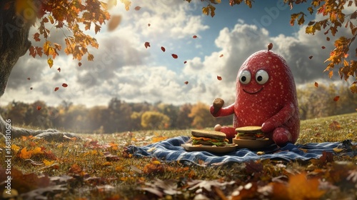 Cartoon character enjoying a picnic with salami sandwich in autumn  