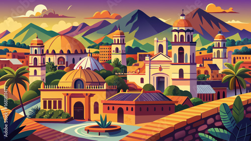 Oaxaca’s Historic Center, Mexico, blends colonial churches, plazas, and vibrant markets surrounded by mountains. Sunset softens stone walls; semi-realistic flat vector emphasizing cultural warmth, pat