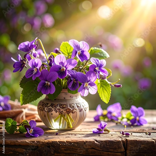 A bouquet of vibrant purple pansies in a vintage vase, bathed in warm sunlight, sits on a rustic wooden table, showcasing a serene and idyllic springtime scene.