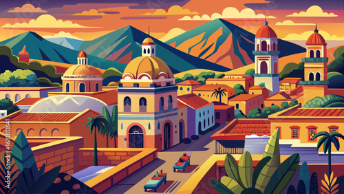 Oaxaca’s Historic Center, Mexico, blends colonial churches, plazas, and vibrant markets surrounded by mountains. Sunset softens stone walls; semi-realistic flat vector emphasizing cultural warmth, pat