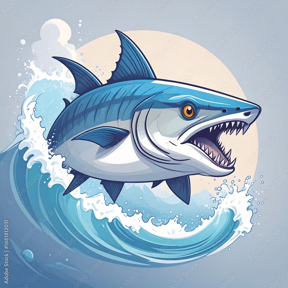 Obraz premium A powerful, leaping tuna fish, vibrant blue and white, bursts through a wave, showcasing its strength and speed.