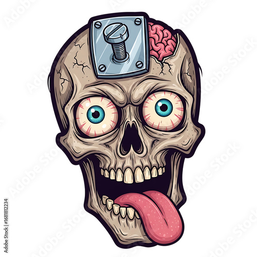 Illustration of cartoon illustration of a zombie skull with bulging eyes, exposed brain, and a screw in its head, isolated on transparent background