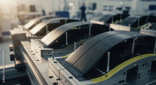 Specialized tooling holding curved composite layup pieces designed for aerodynamic satellite fairing structures in aerospace production.