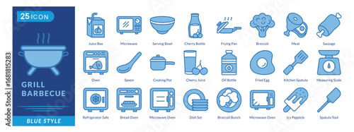 Grill Barbecue icon set collection in blue style. an icon pack contain Frying Pan,Broccoli,Meat,Sausage,Oven,Spoon,Cooking Pot,Cherry Juice,Oil Bottle,Fried Egg