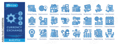 Currency Exchange icon set collection in blue style. an icon pack contain Strategic Planning,Global Investment,Digital Marketing,Asset Management,Financial Accounting