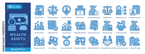 Wealth Assets icon set collection in blue style. an icon pack contain Financial Alert,HR Optimization,Location Profile,Bank Branch,Reinvestment Fund,Legal Balance,Stacked Currency