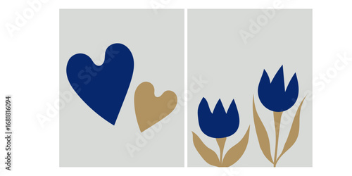 Simple vector illustration collection: abstract blue flowers and hearts in earthy tones